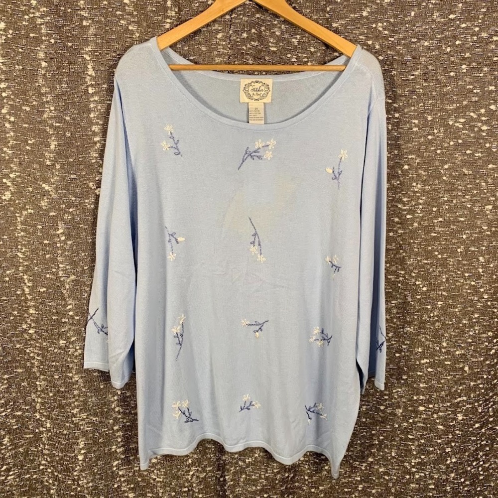 Vintage Stitches In Time Blue Floral Embroidered Shirt Cottagecore Women's 2X